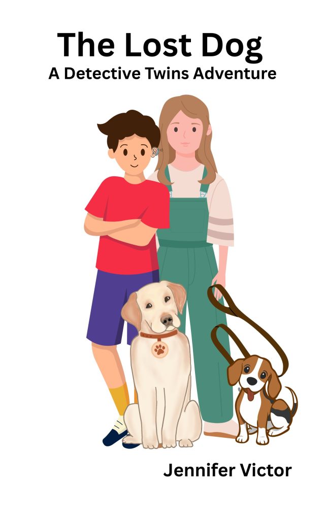 Two children standing up - a boy and a girl. the girl is holding a samll dog on a lead. A larger dog is sitting in front of the chidlren.